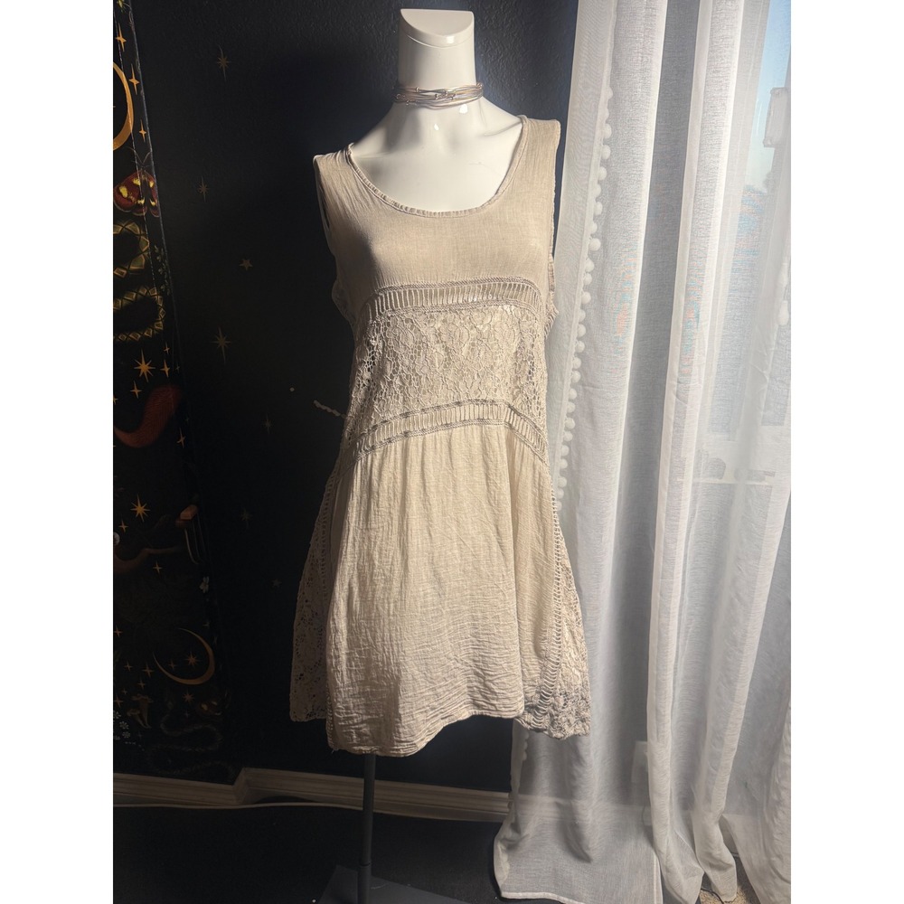 Boho Lace Racerback Mini Dress Oatmeal Tan Crochet Tunic Sleeveless Lagenlook